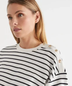 Sussan Tops|Loungewear>Stripe Button Shoulder Jumper - INK