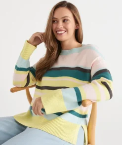 Sussan Knitwear|Tops>Stripe Crew Neck Rib Detail Jumper MULTI
