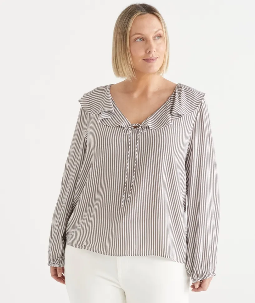 Sussan Tops|Shirts & Blouses>Stripe Frill Detail Long Sleeve Blouse