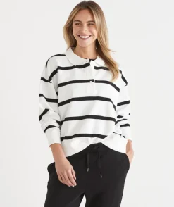 Sussan Tops|Loungewear>Stripe Henley Polo Jumper BLACK/WHITE