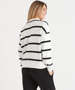 Sussan Tops|Loungewear>Stripe Henley Polo Jumper BLACK/WHITE