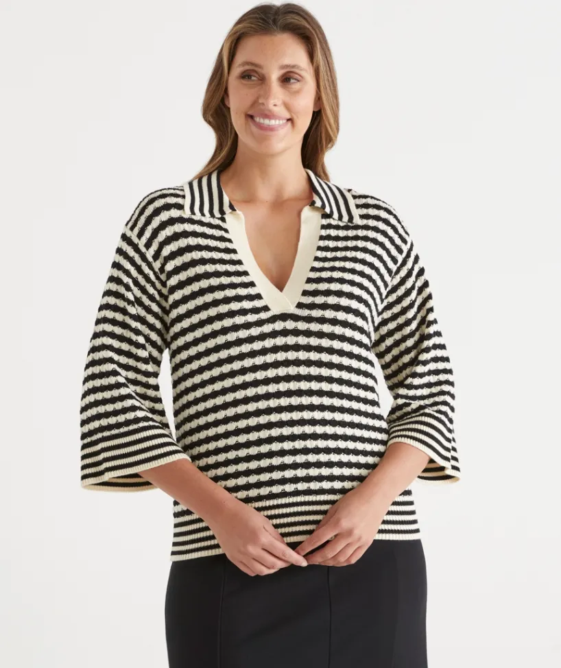 Sussan Tops|Knitwear>Stripe Knit Polo Top BLACK/NATURAL