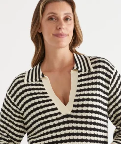 Sussan Tops|Knitwear>Stripe Knit Polo Top BLACK/NATURAL