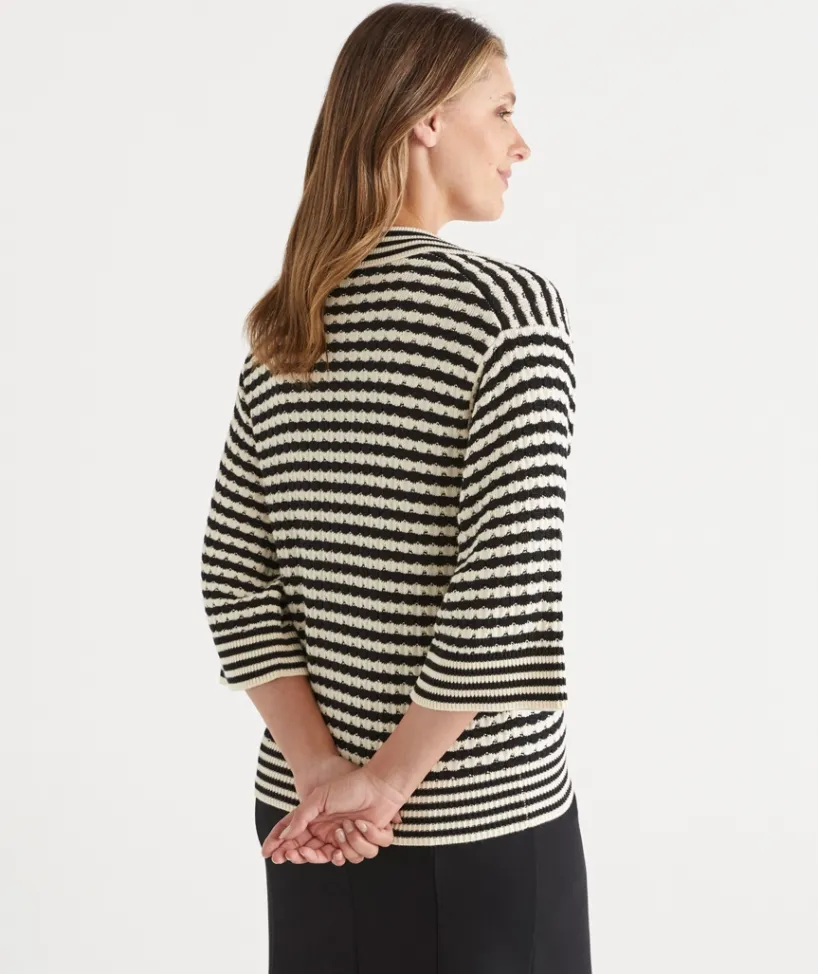 Sussan Tops|Knitwear>Stripe Knit Polo Top BLACK/NATURAL