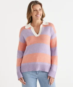 Sussan Tops|Knitwear>Stripe Knit Rugby Polo Jumper - LILAC