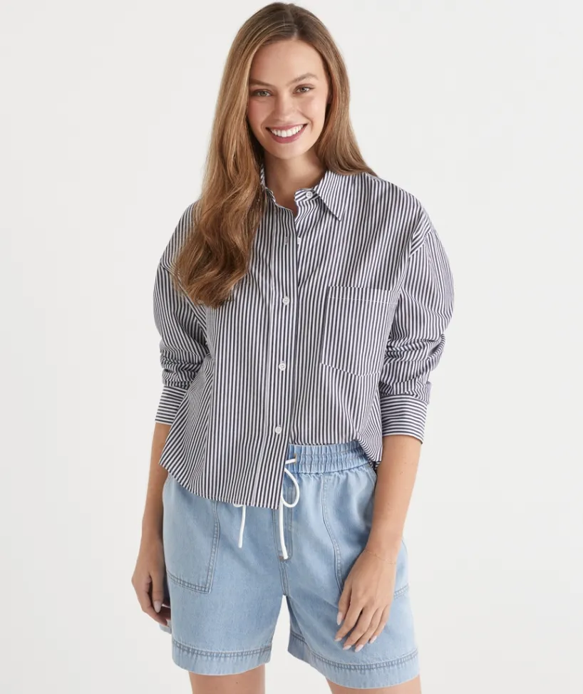 Sussan Tops|Shirts & Blouses>Stripe Long Sleeve Crop Shirt MIDNIGHT