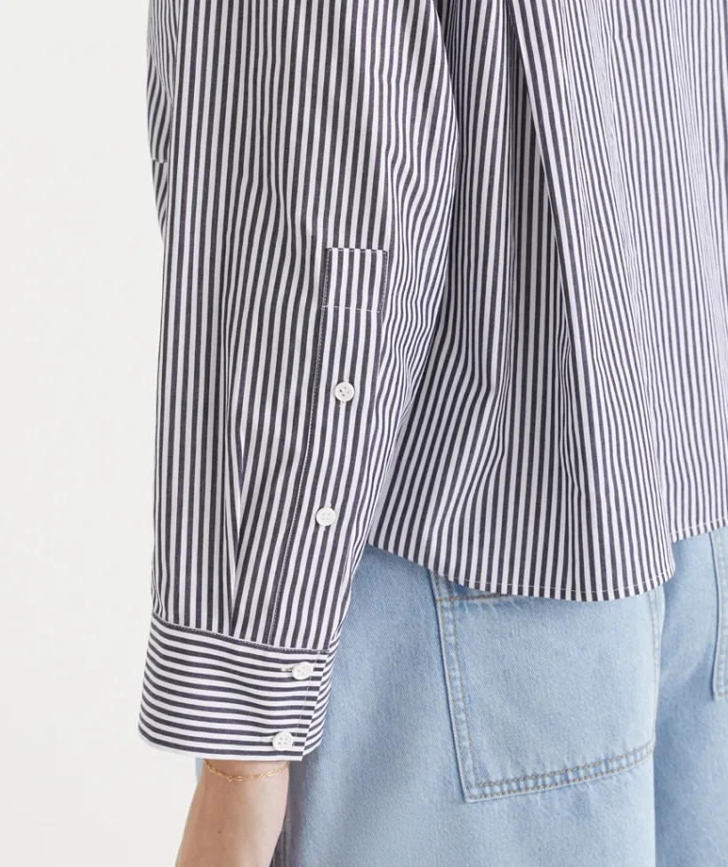 Sussan Tops|Shirts & Blouses>Stripe Long Sleeve Crop Shirt MIDNIGHT