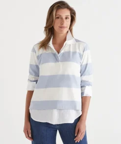 Sussan Tops>Stripe Long Sleeve Polo Rugby Top - Blue BLUE MIST
