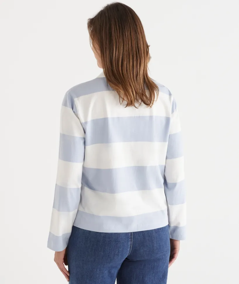 Sussan Tops>Stripe Long Sleeve Polo Rugby Top - Blue BLUE MIST