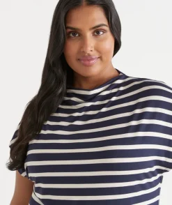 Sussan Tops|T-Shirts>Stripe Mock Neck Short Sleeve Tee - INK