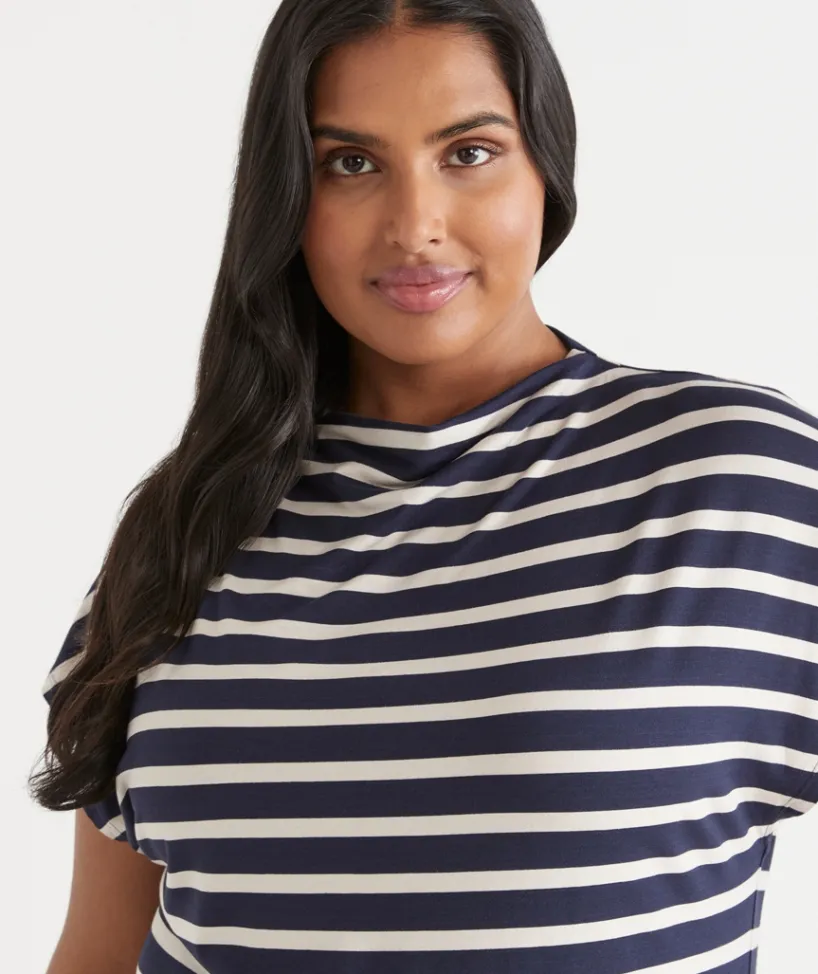 Sussan Tops|T-Shirts>Stripe Mock Neck Short Sleeve Tee - INK