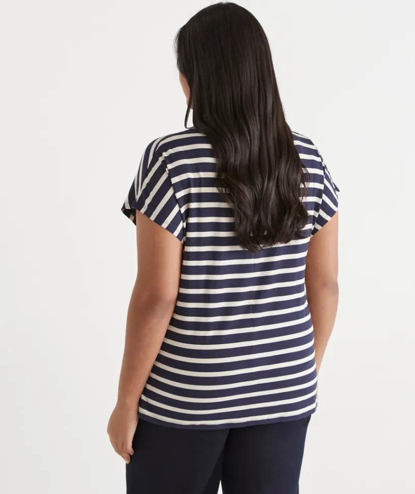 Sussan Tops|T-Shirts>Stripe Mock Neck Short Sleeve Tee - INK