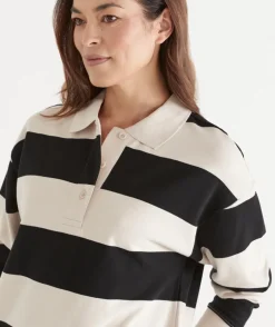 Sussan Tops|Loungewear>Stripe Rugby Button Jumper - BLACK/NATURAL