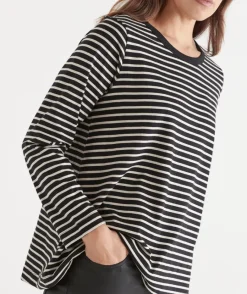 Sussan Tops|T-Shirts>Stripe Swing Long Sleeve Top - BLACK/NATURAL