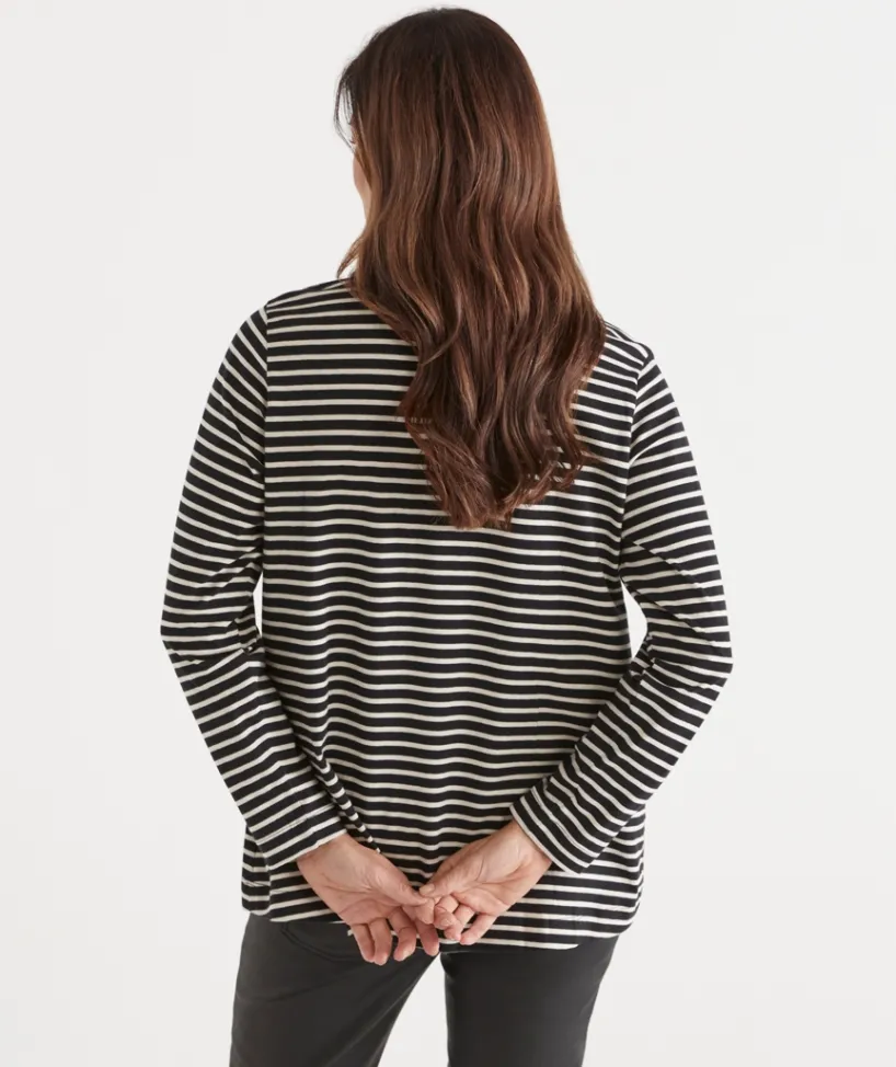 Sussan Tops|T-Shirts>Stripe Swing Long Sleeve Top - BLACK/NATURAL