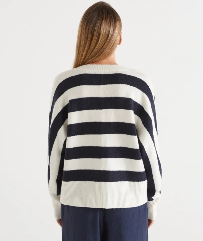 Sussan Tops|Knitwear>Stripe V Neck Jumper - INK/WHITE