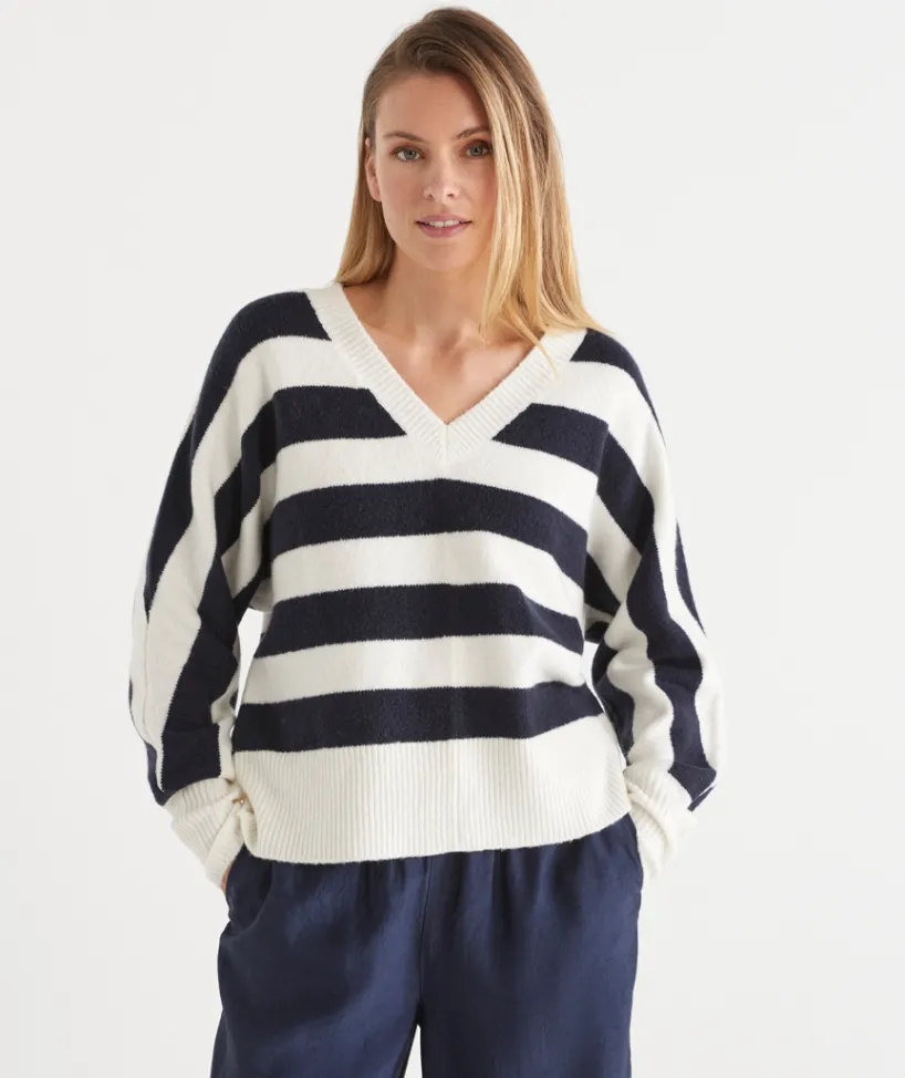 Sussan Tops|Knitwear>Stripe V Neck Jumper - INK/WHITE