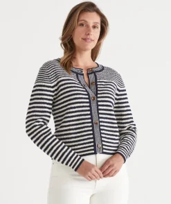 Sussan Knitwear|Knit Cardigans>Striped Crew Neck Cardigan - INK/WHITE