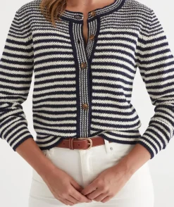 Sussan Knitwear|Knit Cardigans>Striped Crew Neck Cardigan - INK/WHITE