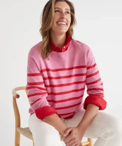Sussan Tops|Knitwear>Striped Crew Neck Knit Jumper - Red/Pink ROUGE