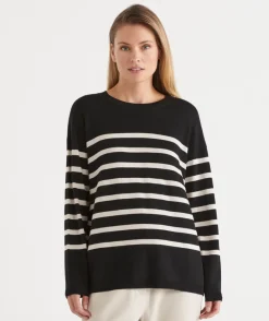 Sussan Tops|Knitwear>Striped Crew Neck Knit Jumper - BLACK/NATURAL