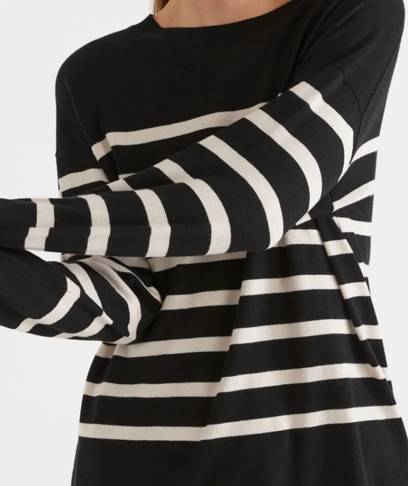 Sussan Tops|Knitwear>Striped Crew Neck Knit Jumper - BLACK/NATURAL