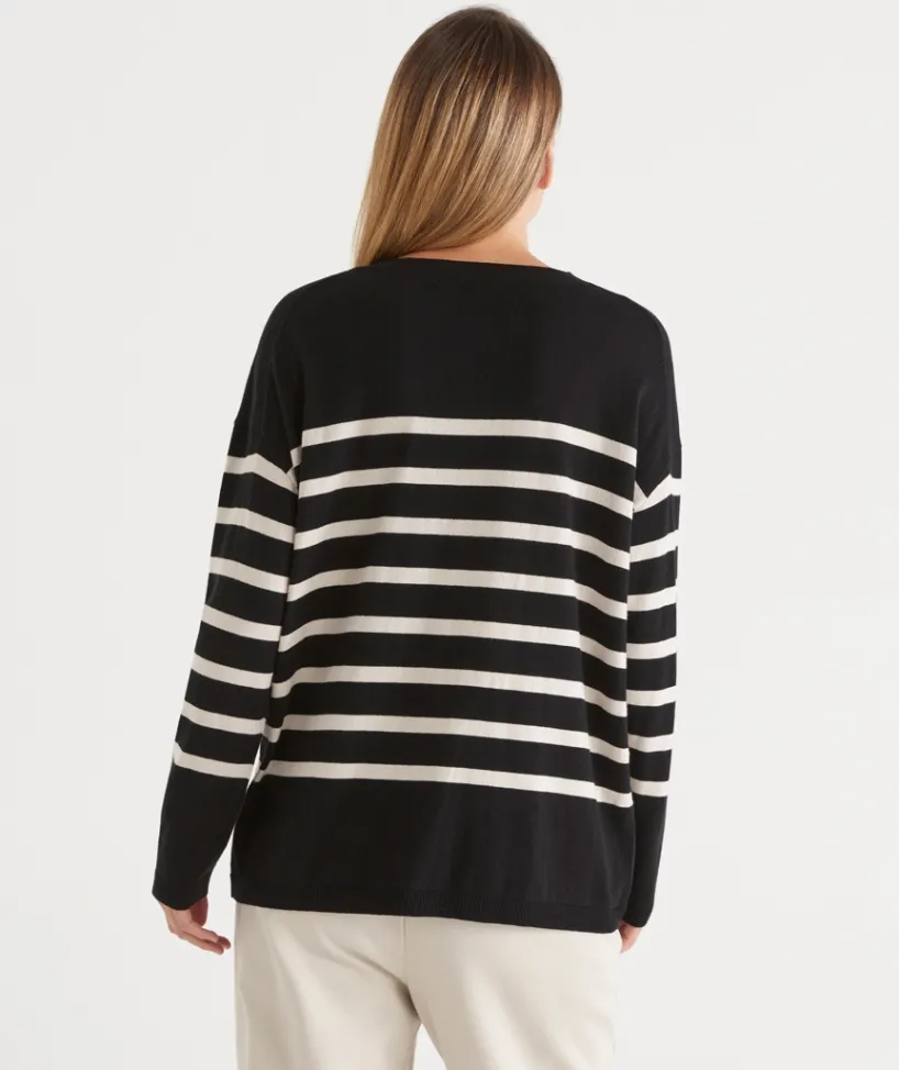 Sussan Tops|Knitwear>Striped Crew Neck Knit Jumper - BLACK/NATURAL