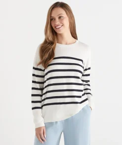 Sussan Tops|Knitwear>Striped Crew Neck Knit Jumper - Cream/ INK