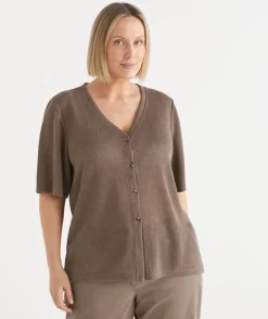 Sussan Tops|T-Shirts>Textured Button Up Short Sleeve Top