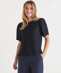 Sussan Tops>Textured Puff Short Sleeve Top - Parchment MIDNIGHT