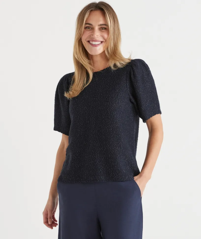 Sussan Tops>Textured Puff Short Sleeve Top - Parchment MIDNIGHT