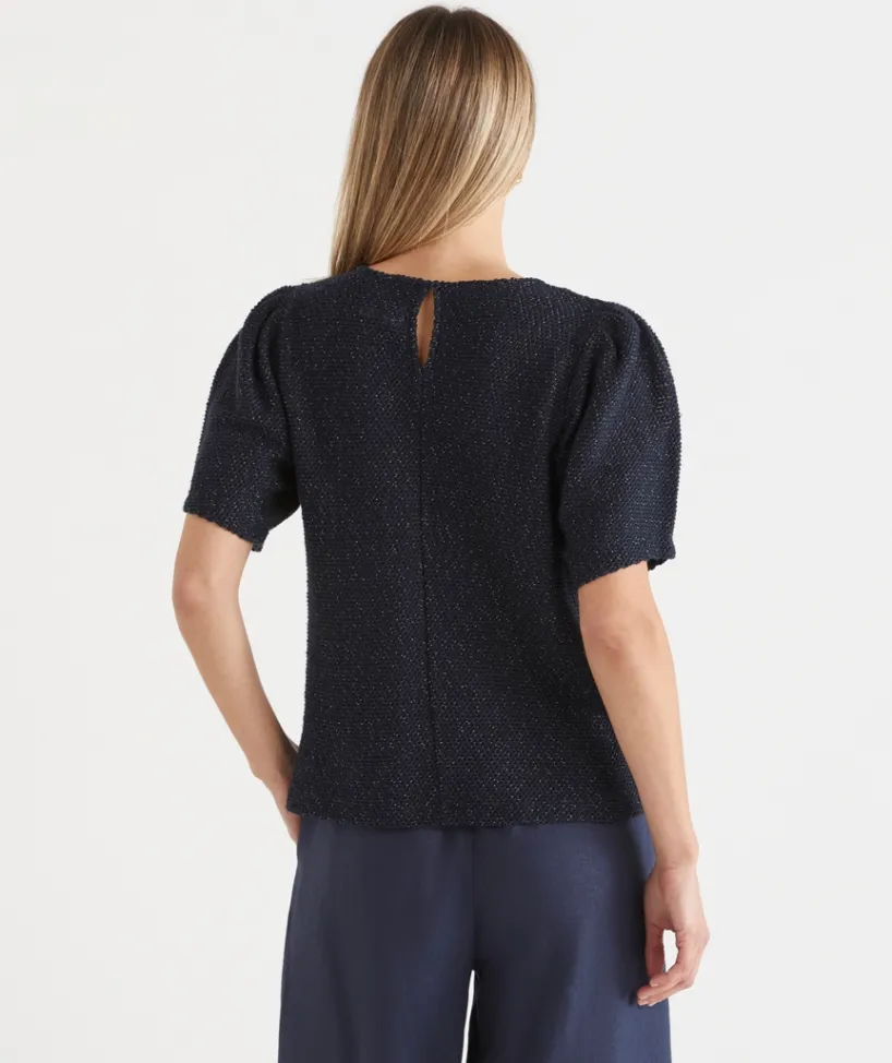 Sussan Tops>Textured Puff Short Sleeve Top - Parchment MIDNIGHT