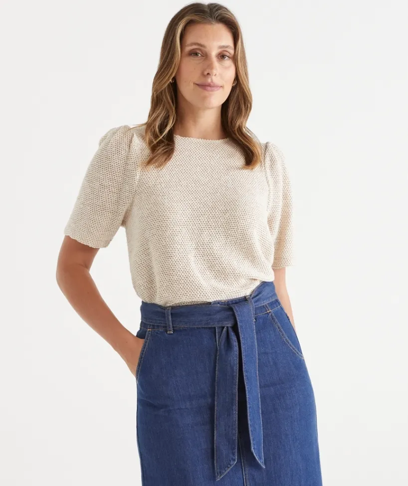 Sussan Tops>Textured Puff Short Sleeve Top - Parchment MIDNIGHT