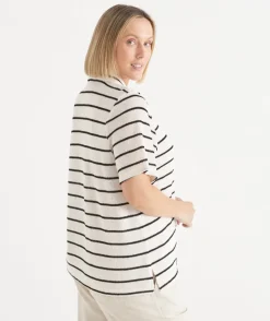 Sussan Tops|T-Shirts>Textured Stripe Polo Top BLACK/NATURAL
