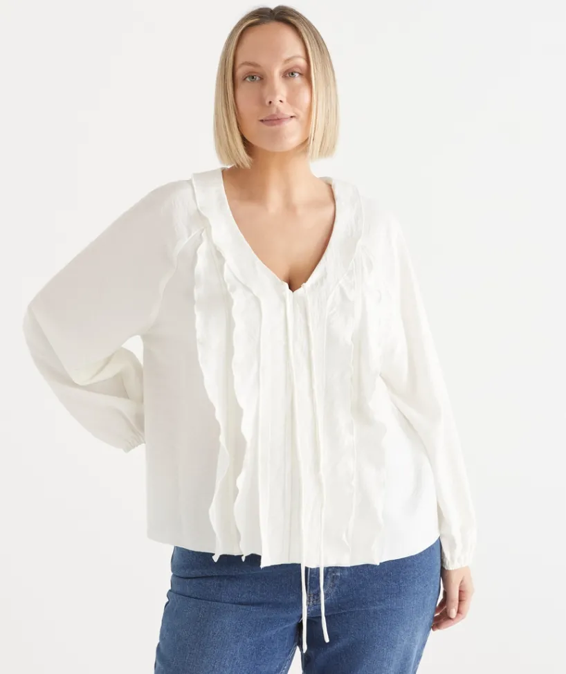 Sussan Tops|Shirts & Blouses>Tie Ruffle Detail Blouse ANTIQUE WHITE