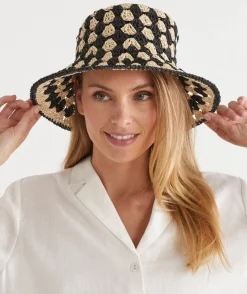 Sussan Hats>Two-Tone Raffia Bucket Hat BLACK