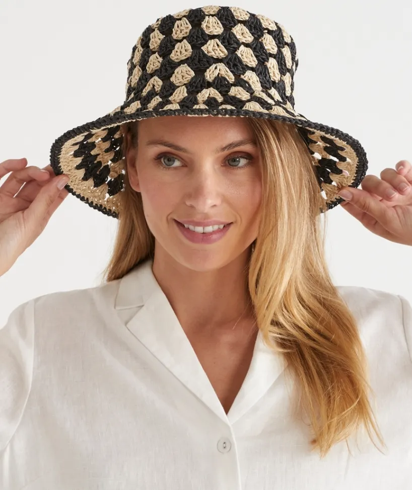Sussan Hats>Two-Tone Raffia Bucket Hat BLACK