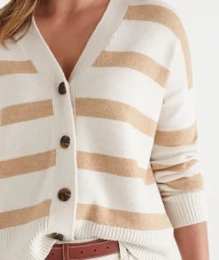 Sussan Knitwear|Knit Cardigans>V Neck Contrast Stripe Cardigan PARCHMENT