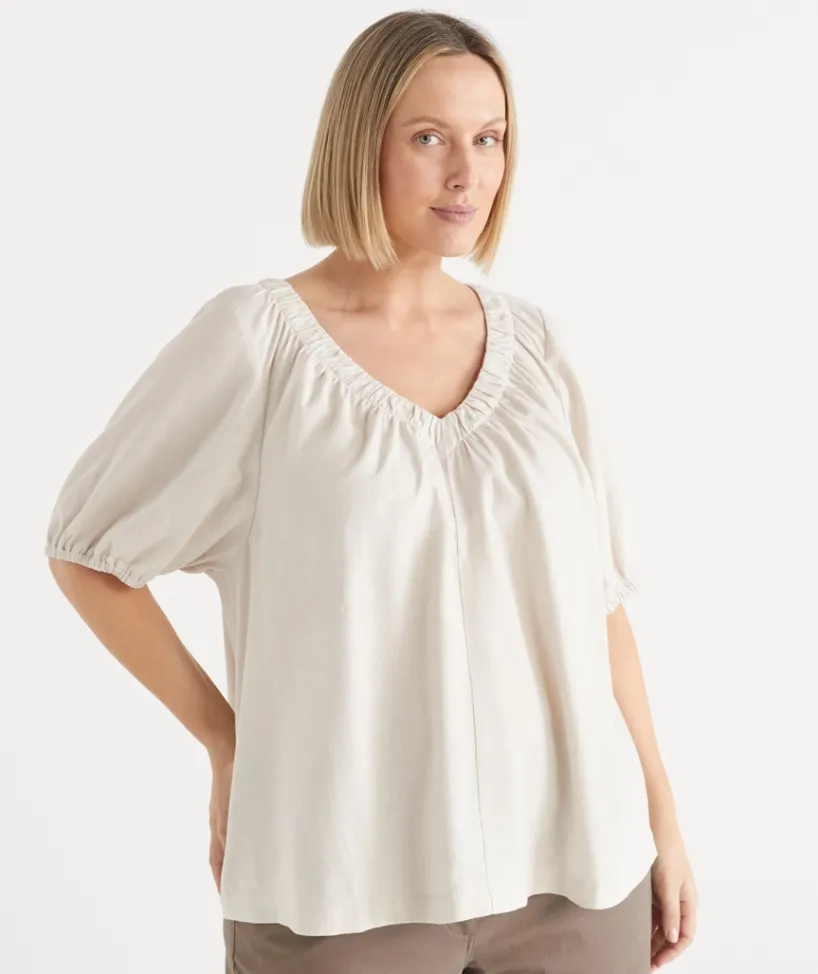 Sussan Tops|Shirts & Blouses>V Neck Ruched Short Sleeve Top