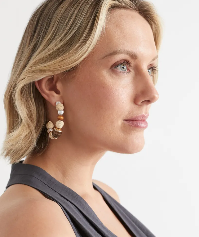 Sussan Jewellery>Wooden Pearl Hoop Earring NATURAL