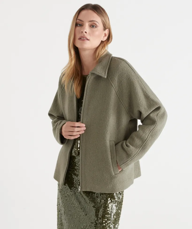 Sussan Jackets & Coats|Jackets>Zip Front Collared Jacket LIGHT KALE