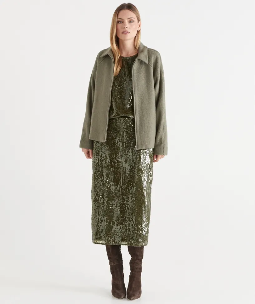 Sussan Jackets & Coats|Jackets>Zip Front Collared Jacket LIGHT KALE